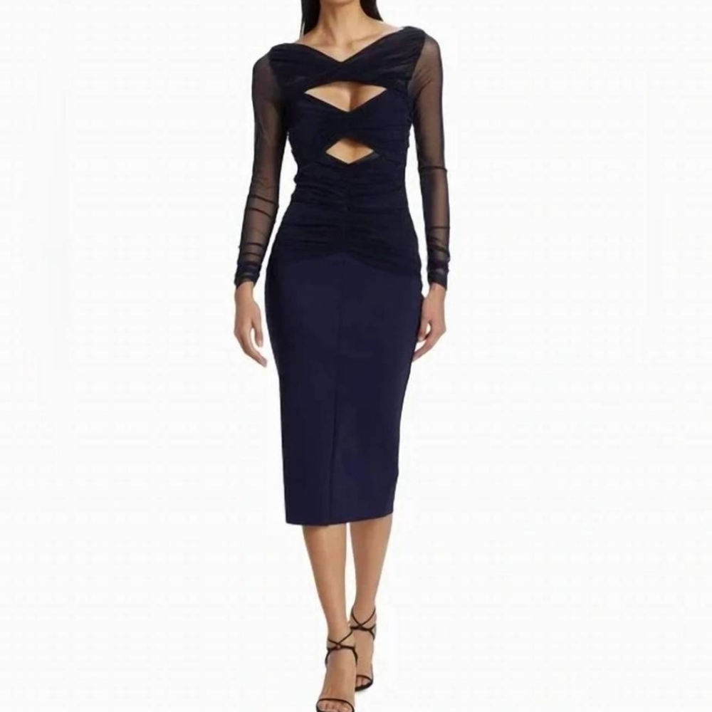 Chiara Boni La Petite Robe Leitha Illusion Midi Dress Navy Blue 46/10 NWT New